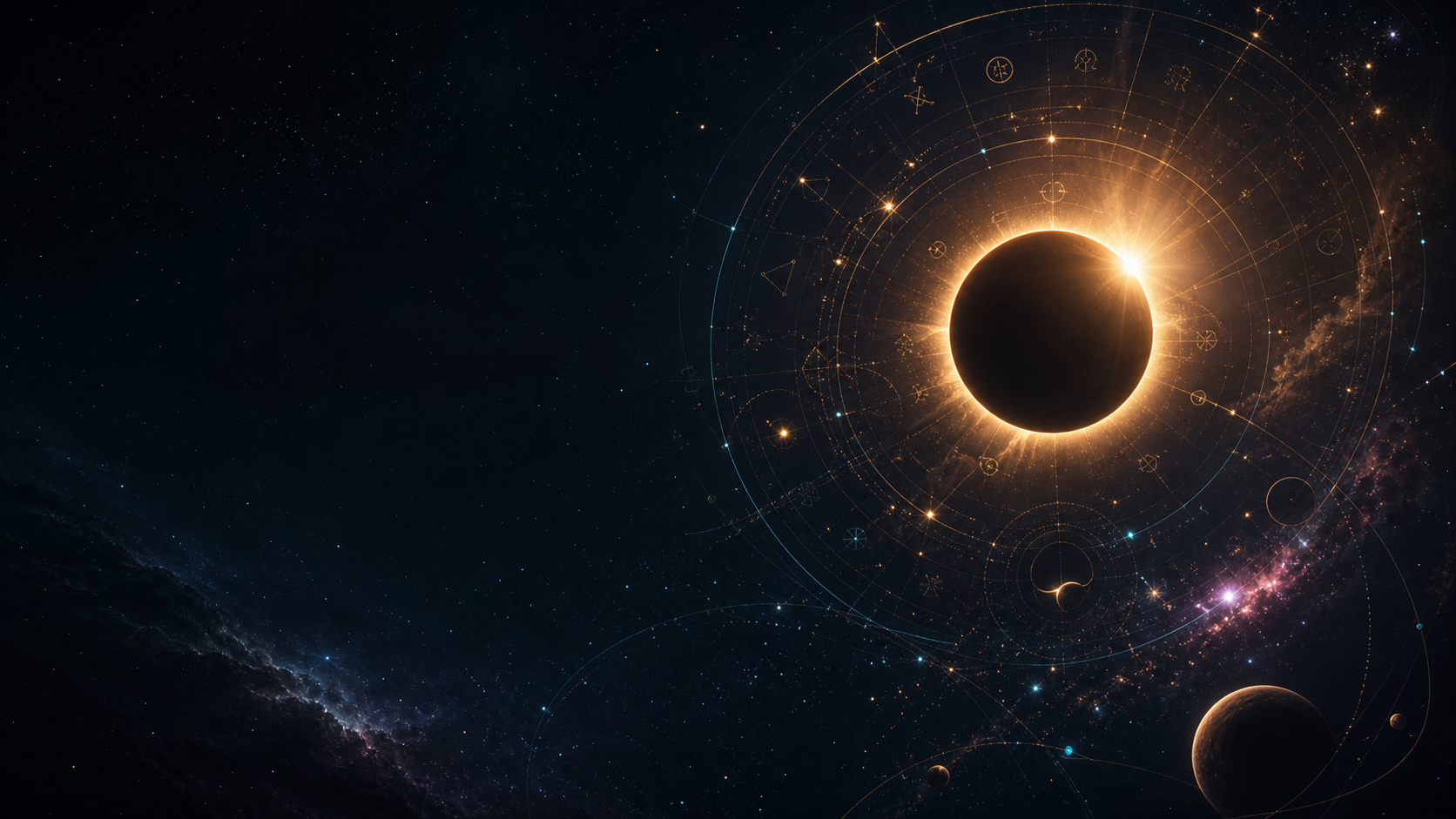 Solar eclipse with zodiac chart geometry in deep space