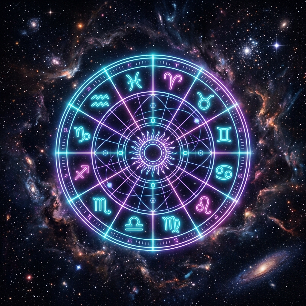 Neon zodiac wheel in deep space